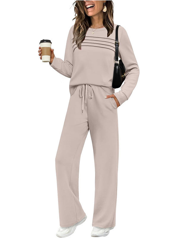 Damen Zweiteiliges Lounge-Set mit Plissee-Detail, Rundhals-Sweatshirt und weitem Kordel-Hose – Élanora