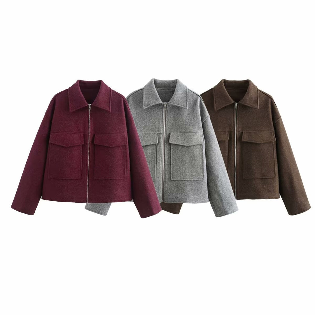 Damen Kurzjacke aus Wollmix mit großen Pattentaschen und durchgehendem Reißverschluss Echo Archiv