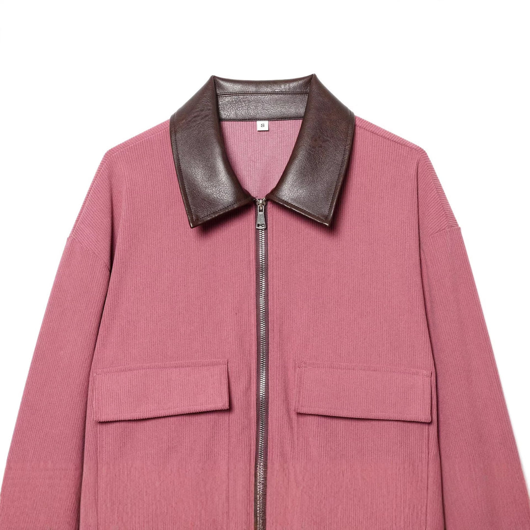 Damen cropped Cordjacke mit übergroßem Kunstlederkragen, Metallreißverschluss und großformatigen Pattentaschen – Célinea