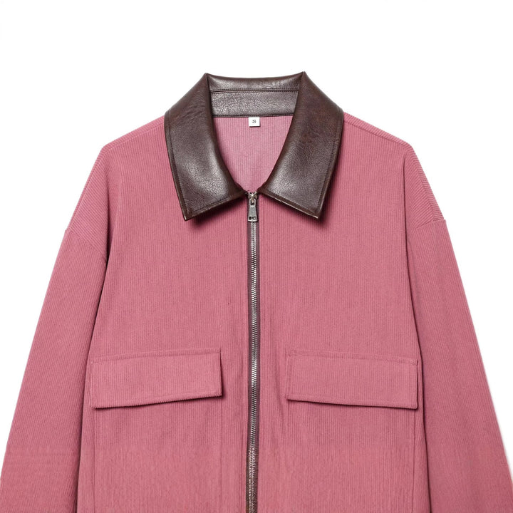 Damen cropped Cordjacke mit übergroßem Kunstlederkragen, Metallreißverschluss und großformatigen Pattentaschen – Célinea