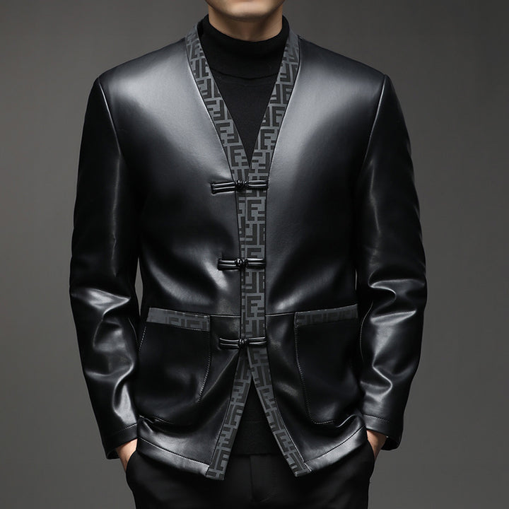 Herren Lederimitat-Cardiganjacke mit KnEcho Archivelverschlüssen und kontrastierendem Schalkragen Echo Archiv