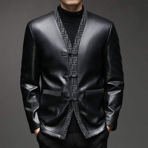 Herren Lederimitat-Cardiganjacke mit KnEcho Archivelverschlüssen und kontrastierendem Schalkragen Echo Archiv
