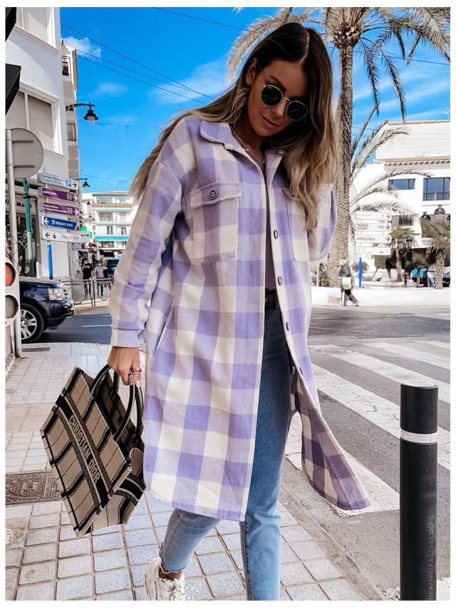 Damen Karierte Overshirtjacke mit Brusttaschen Echoarchiv