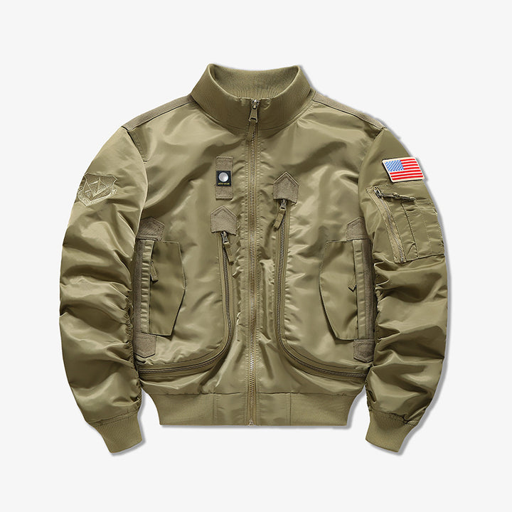 Men's tactical flight bomber jacket with multiple angled zip and flap pockets – Brevano