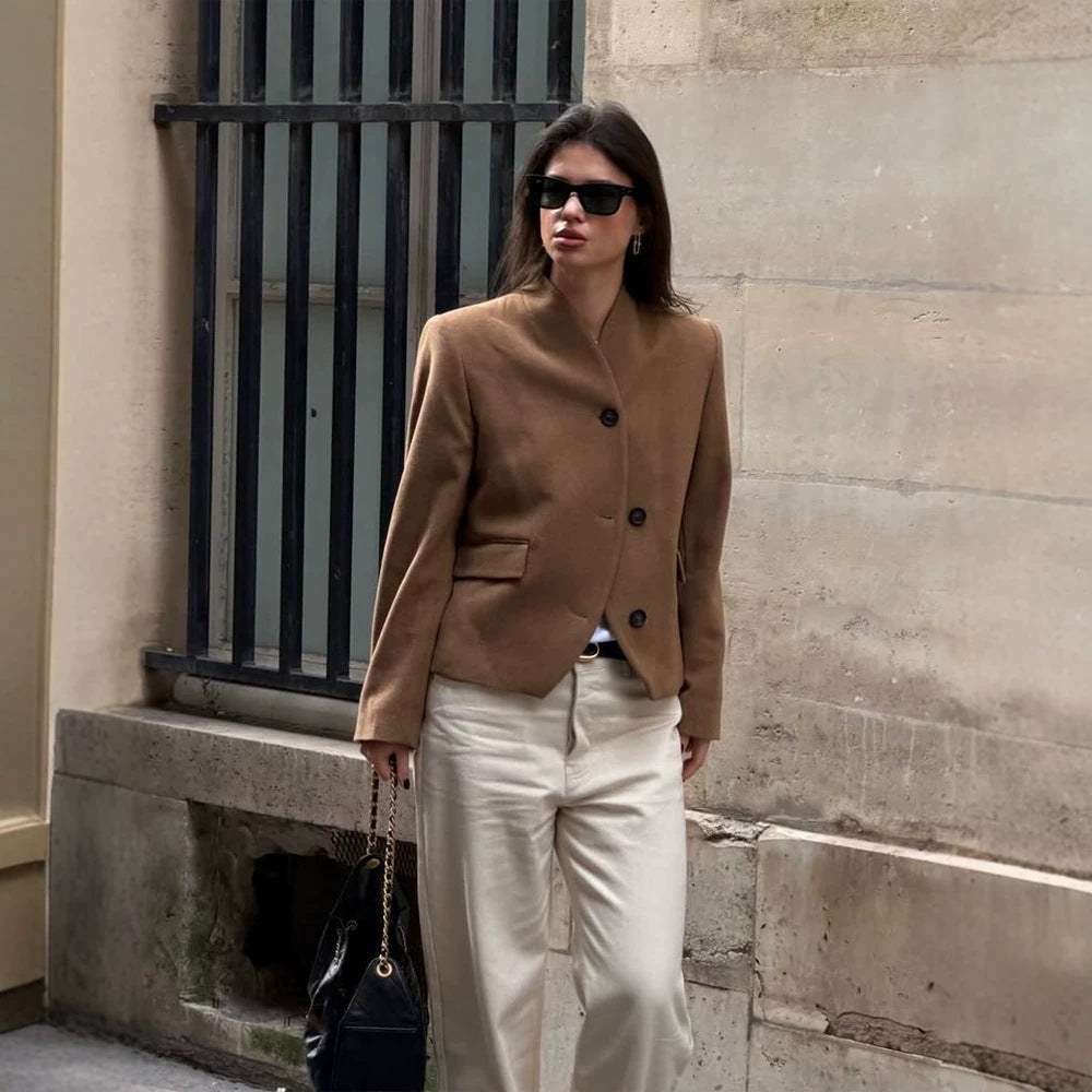 Damen Kurzblazer aus Wollmix mit Stehkragen, kastiger Silhouette & drei Knöpfen Echoarchiv