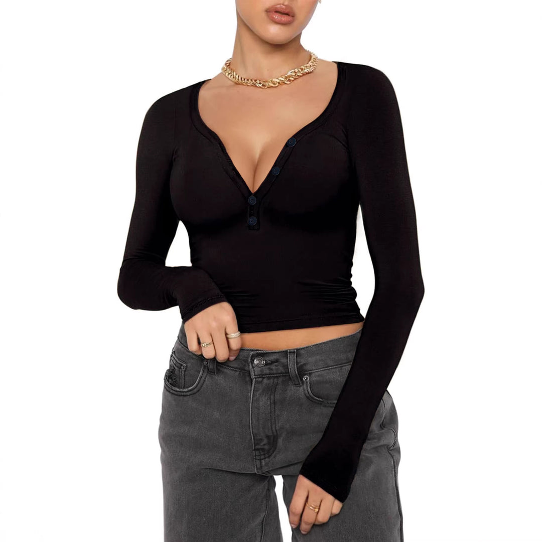 Damen nan figurbetontes geripptes Longsleeve mit Henley-Knopfleiste und tiefem V-Ausschnitt Echo Archiv