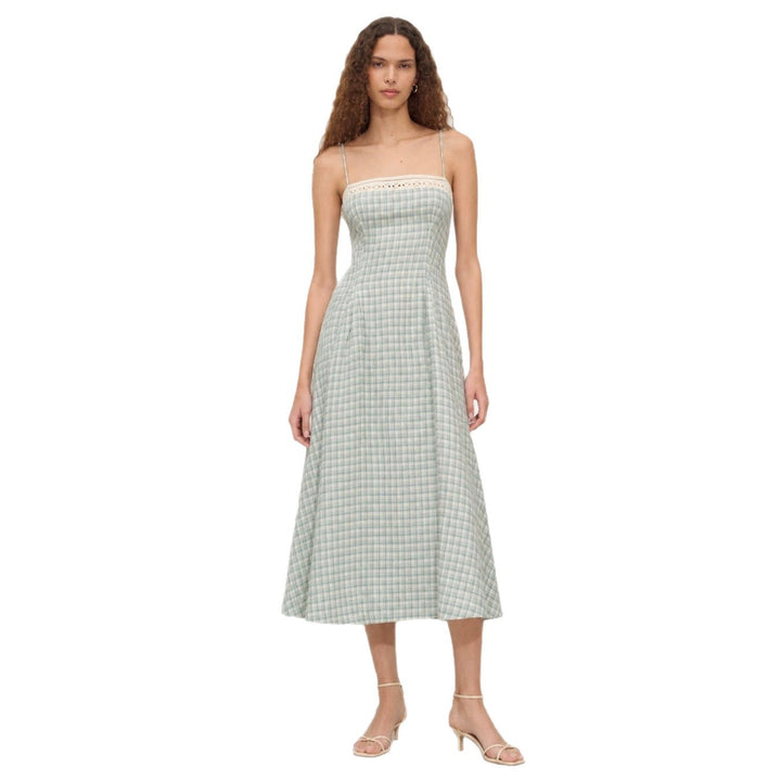 Damen nan Vintage-inspiriertes Midikleid mit schmalen Spaghettiträgern, Spitzenpassé und ausgestelltem Tellerrock Echo Archiv