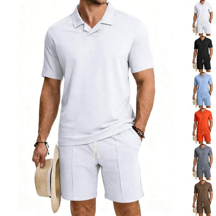 Herren nan kurzärmeliges Polo-Lounge-Set mit V-Einsatz am Kragen und Kordelzug-Bermuda Echo Archiv
