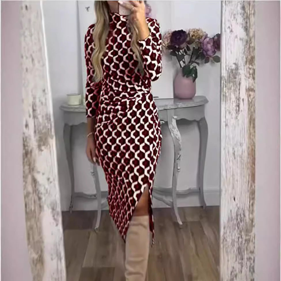 Damen Figurbetontes Midi-Kleid mit geometrischem Wabenmuster, Stehkragen und Seitenschlitz Echoarchiv