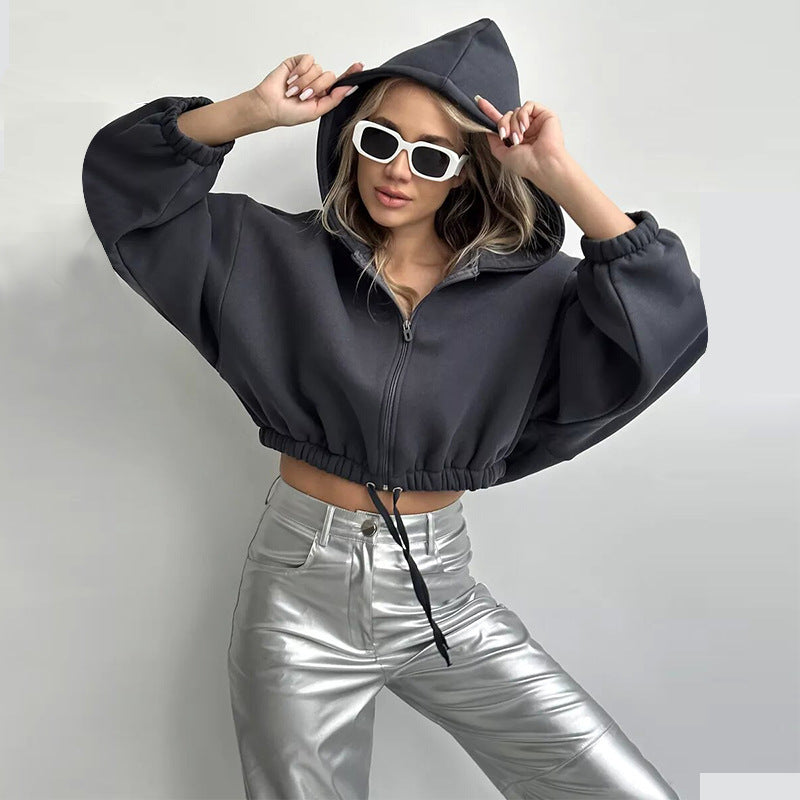 Damen nan kurzes Oversize-Kapuzensweatshirt mit Halbzip und Kordelzugbund Echo Archiv