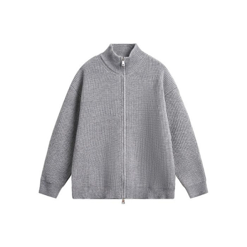 Unisex Oversized Strick-Zipjacke mit Stehkragen und Rippbündchen Echoarchiv