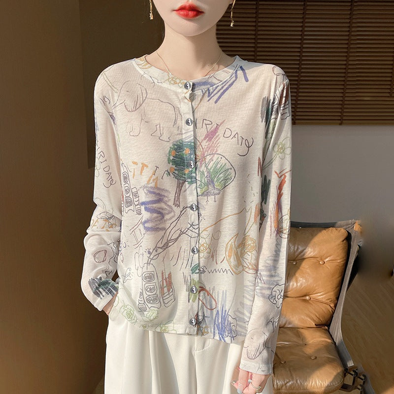 Damen Leichter Aquarell‑Print Feinstrick‑Cardigan mit Rundhalsausschnitt und Knopfleiste Echoarchiv