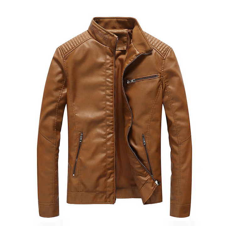 Herren Kunstleder-Bikerjacke mit Stehkragen und gesteppter Schulterpartie – Taviero