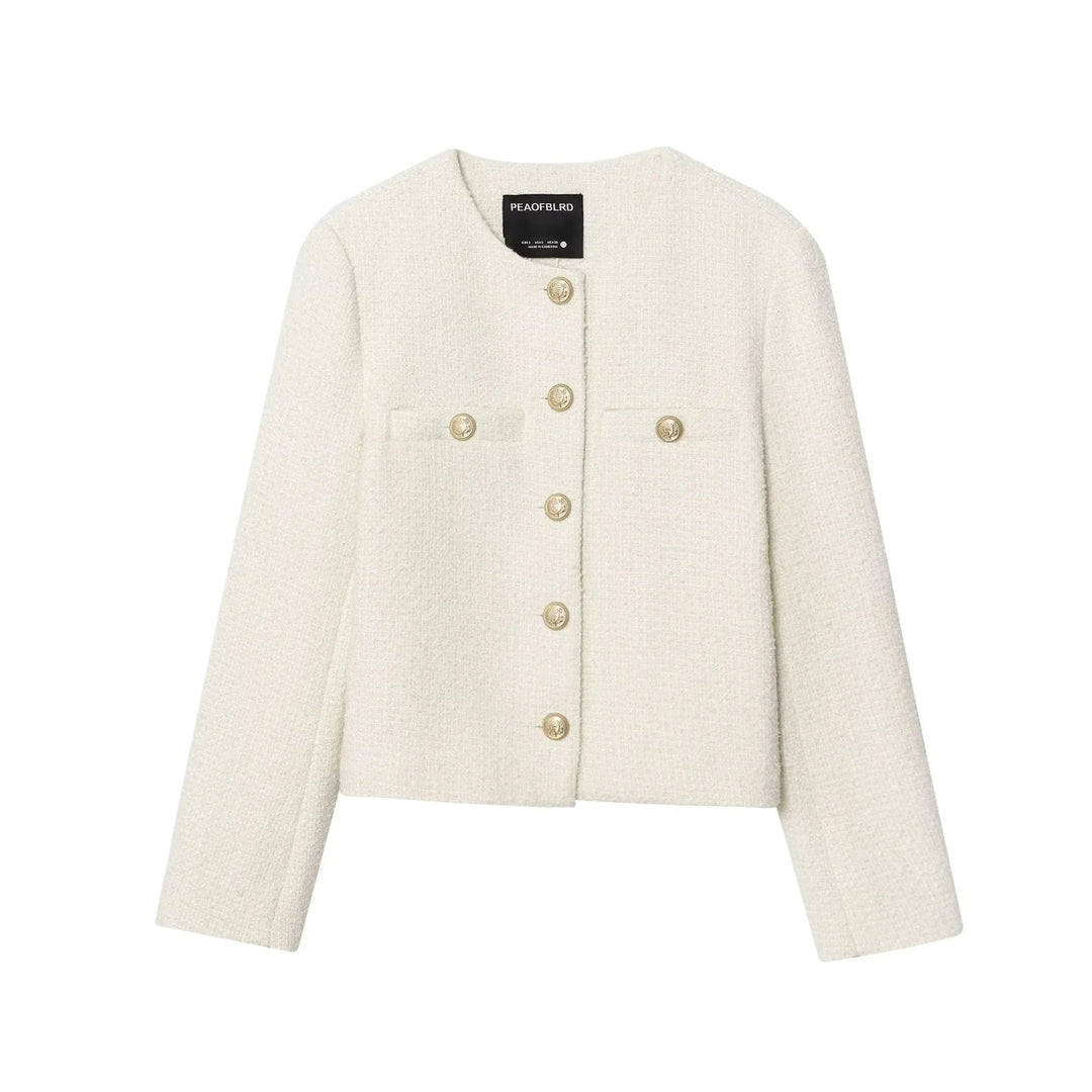 Damen kastige Bouclé-Jacke mit Rundhalsausschnitt goldenen Zierknöpfen und aufgesetzten Brusttaschen – Célinea