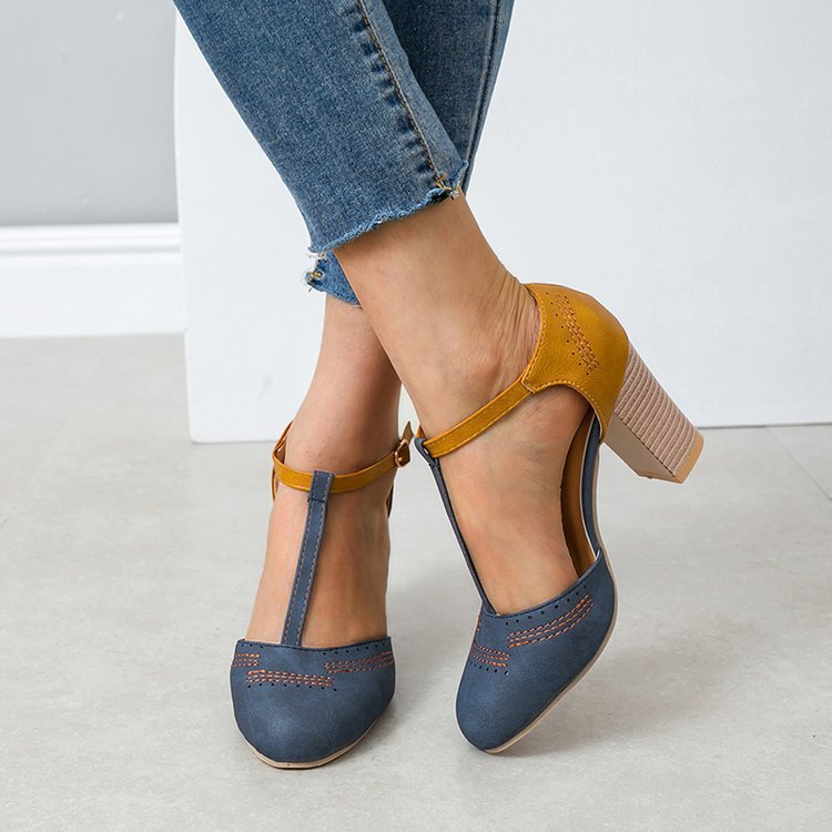Damen T‑Strap Pumps mit mittelhohem Blockabsatz und dekorativer Ziernaht Echo Archiv