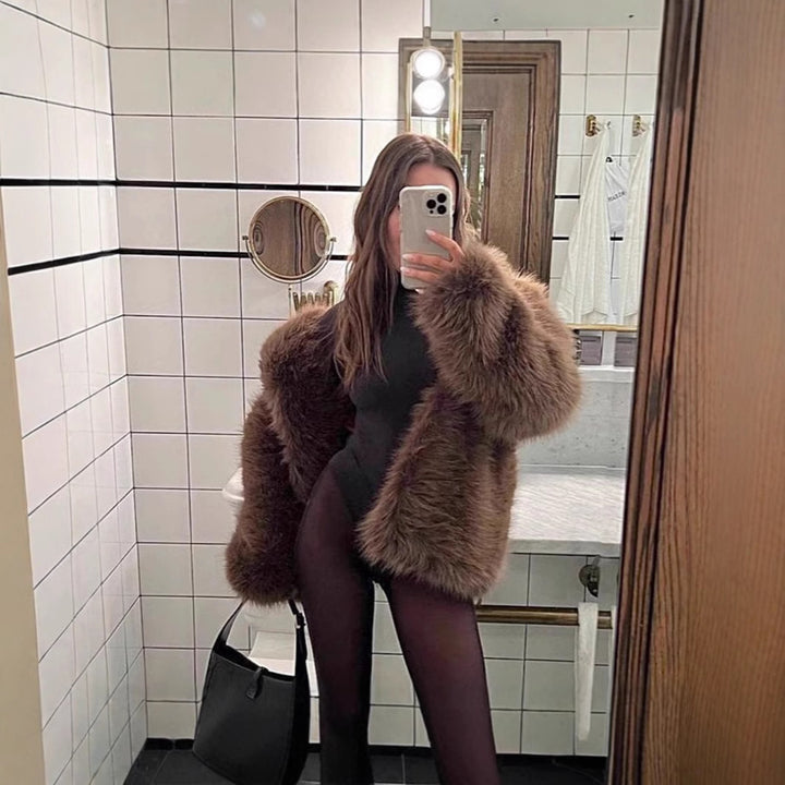 Damen Kurzer Boxy-Faux‑Fur‑Cardigan mit dichtem Hochflor und offener Front Echo Archiv