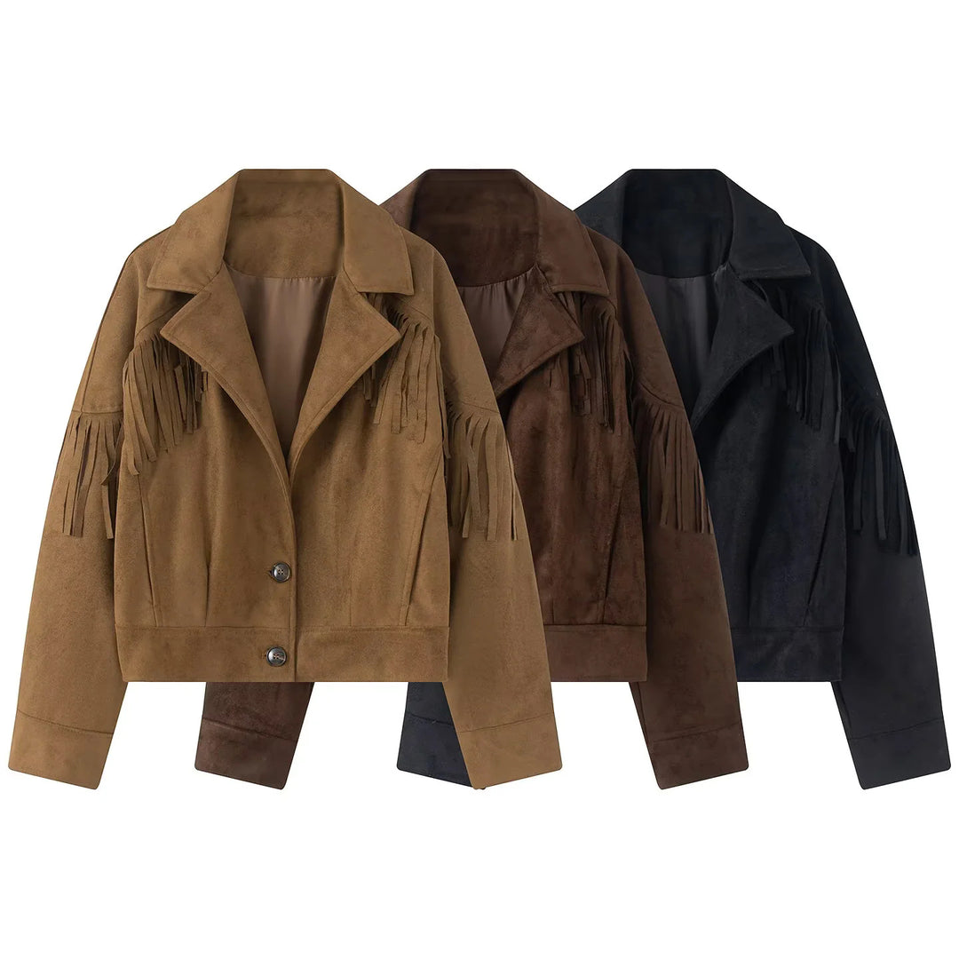 Damen nan kurze Wildlederoptik Fransenjacke mit Reverskragen und verdeckter Knopfleiste Echo Archiv