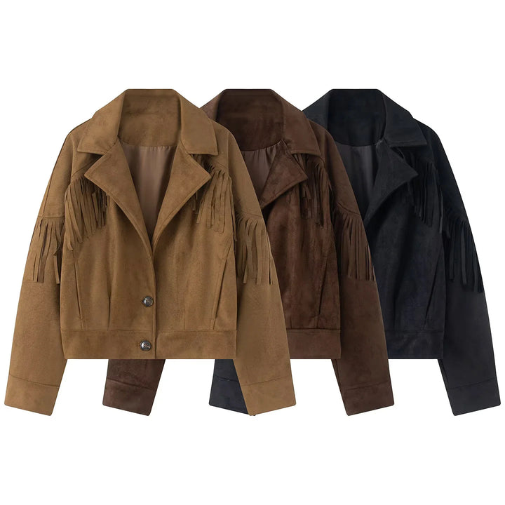 Damen nan kurze Wildlederoptik Fransenjacke mit Reverskragen und verdeckter Knopfleiste Echo Archiv