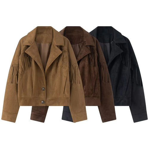 Damen nan kurze Wildlederoptik Fransenjacke mit Reverskragen und verdeckter Knopfleiste Echo Archiv