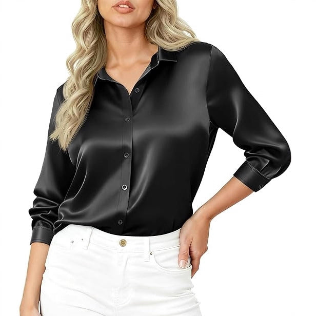Damen Seidiges Satin-Blusenshirt mit Hemdkragen und dreiviertel Ärmeln – Élovi