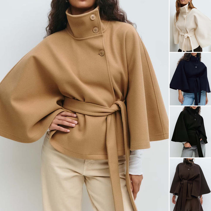 Damen Kurzcape-Mantel mit Stehkragen, Oversize-Ärmeln und Bindegürtel Echo Archiv