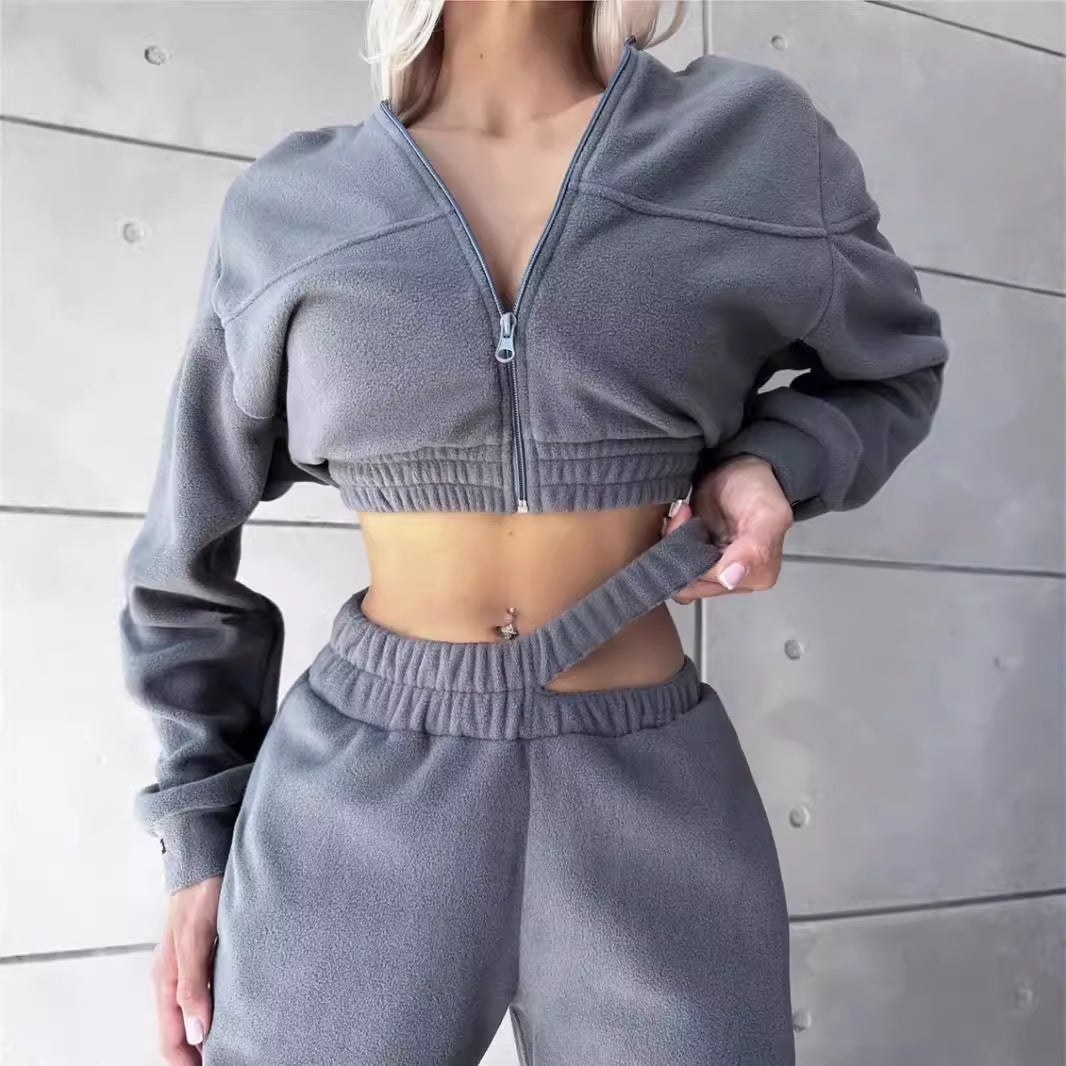 Damen Cropped Fleece-Set mit kurzem Zip-Hoodie und hoher Taillen-Jogginghose – Auréline