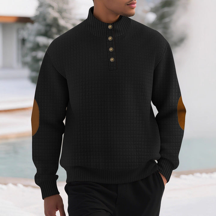 Herren modischer Stehkragenpullover mit strukturiertem Design und Lederapplikationen Echoarchiv