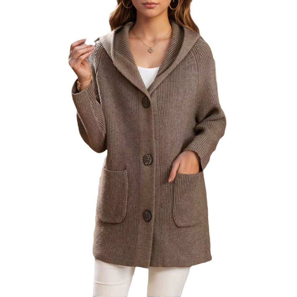 Damen nan lange gerippte Kapuzen-Strickjacke mit aufgesetzten Taschen und markanten Knöpfen Echo Archiv