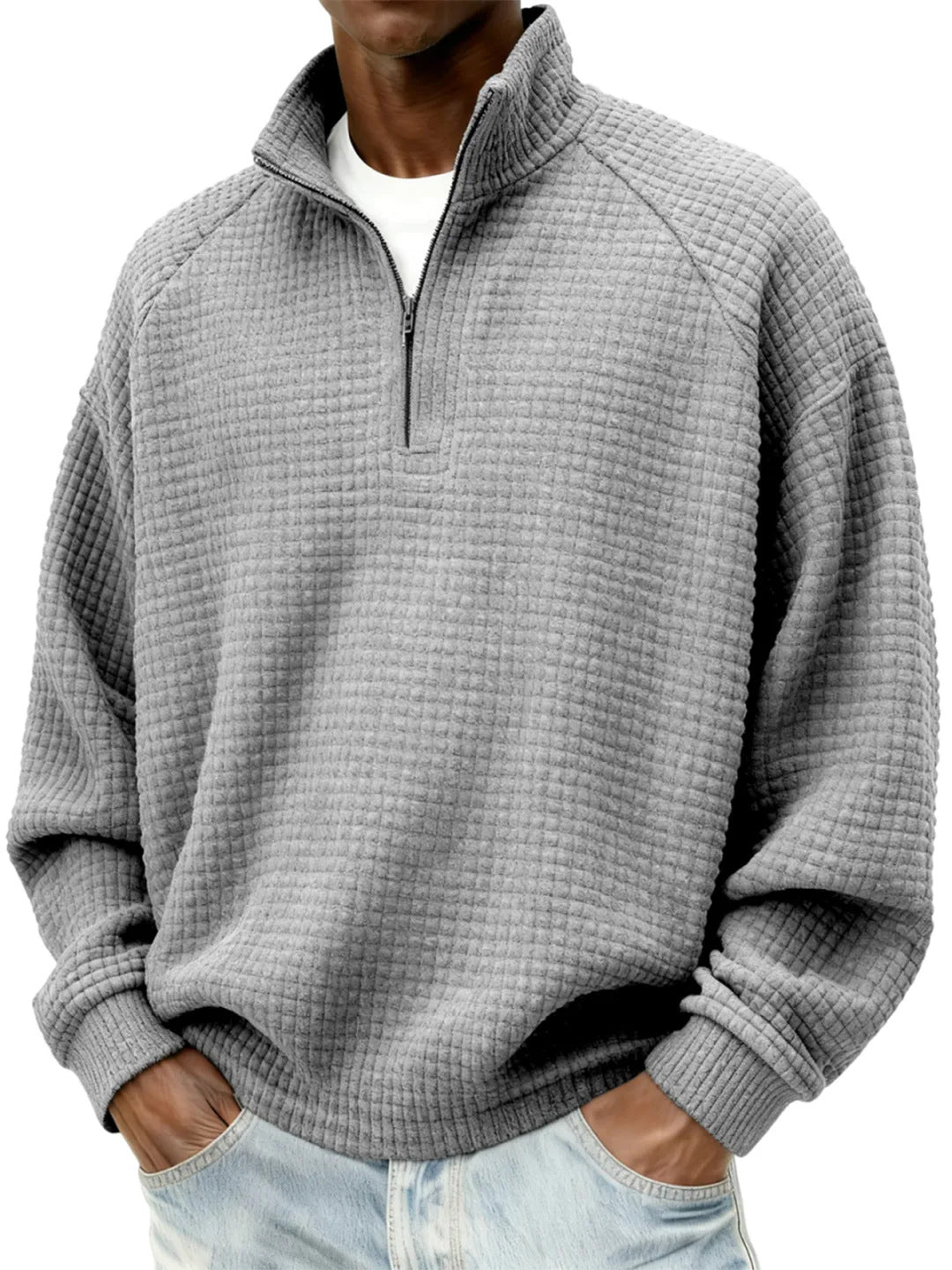 Herren Waffelstrick-Oversize-Pullover mit Halbreißverschluss und Stehkragen Echoarchiv