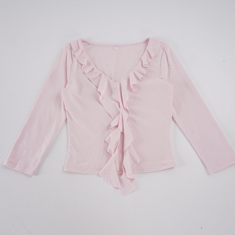 Damen nan tailliertes Langarmshirt mit tiefem V-Ausschnitt und eingesetzter Volant-Rüsche Echo Archiv