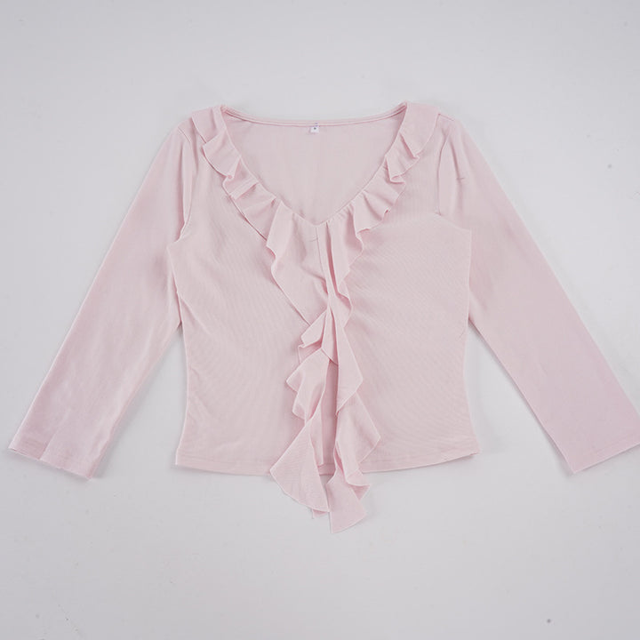 Damen nan tailliertes Langarmshirt mit tiefem V-Ausschnitt und eingesetzter Volant-Rüsche Echo Archiv