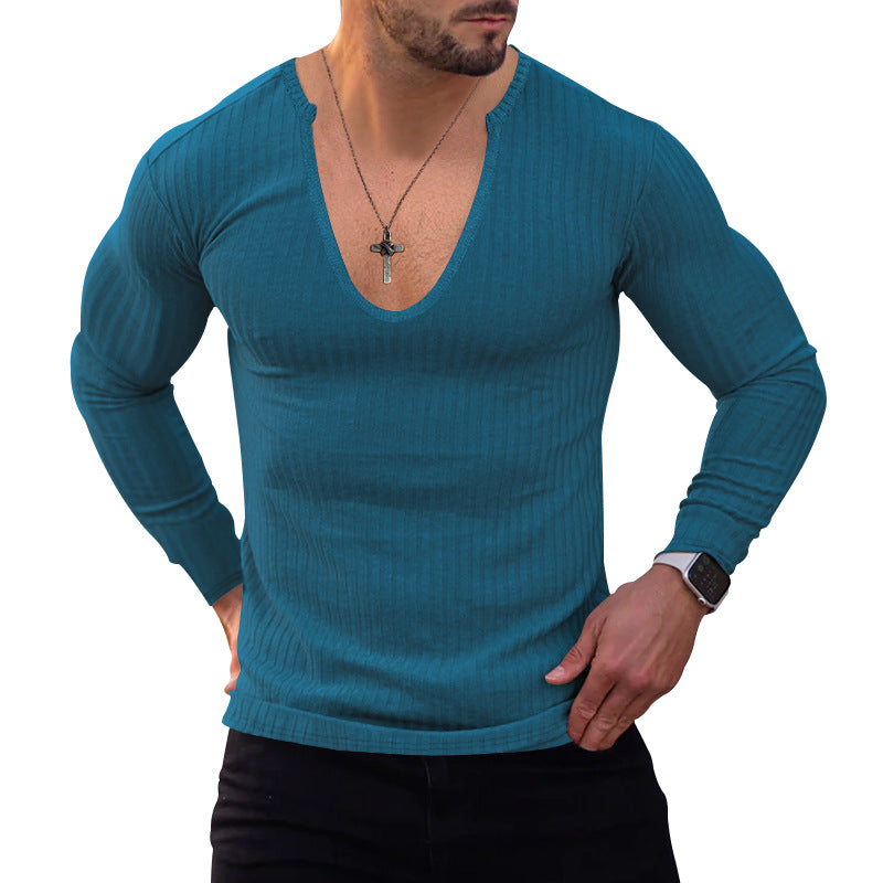 Herren Langarm-Henley-Shirt mit tiefem V-Ausschnitt und strukturiertem Gewebe Echoarchiv