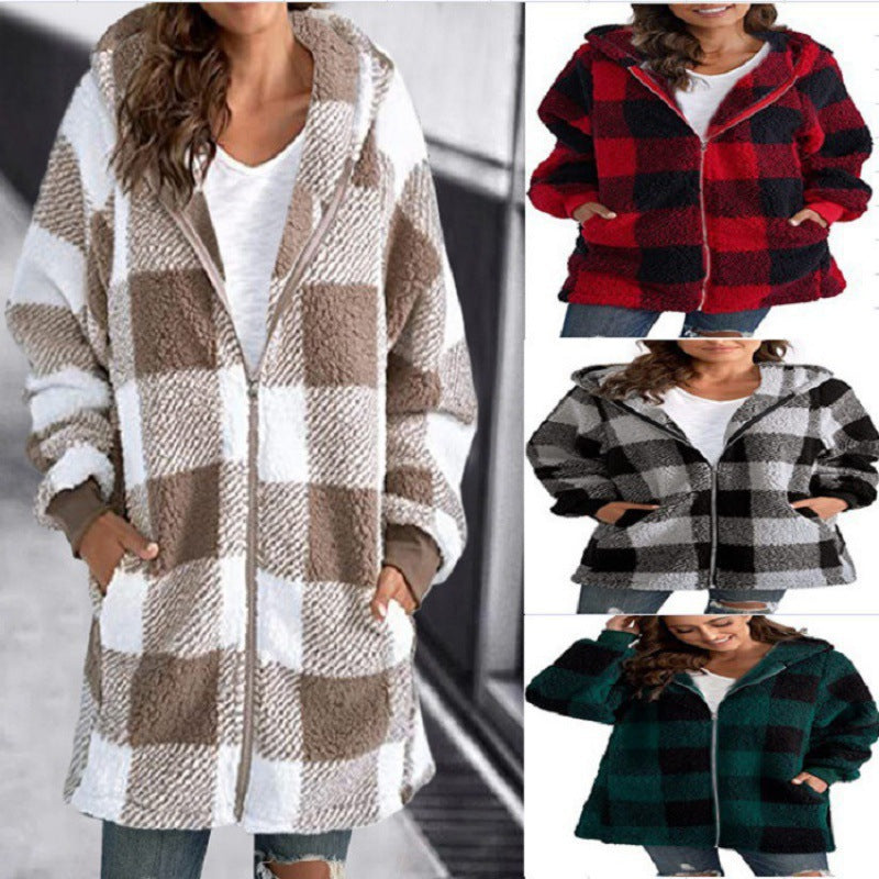 Damen Kariertes Teddy-Fleece-Mantel mit Kapuze und Reißverschluss Echo Archiv