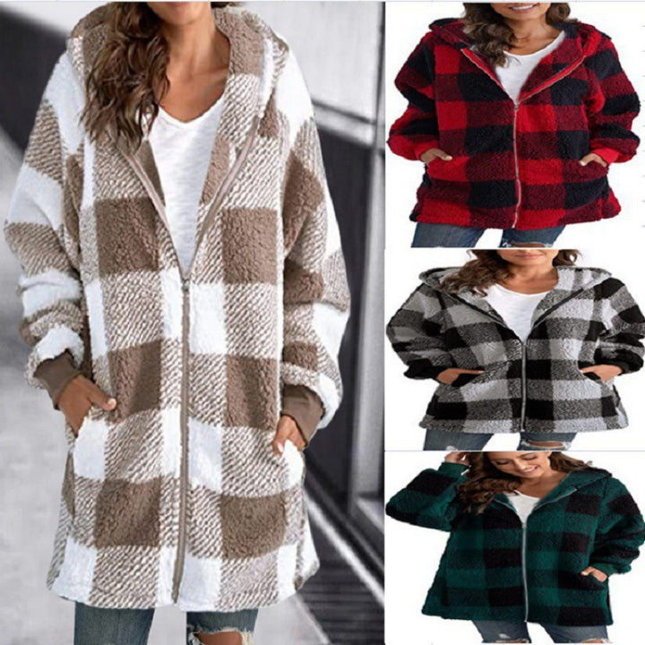 Damen Kariertes Teddy-Fleece-Mantel mit Kapuze und Reißverschluss Echo Archiv