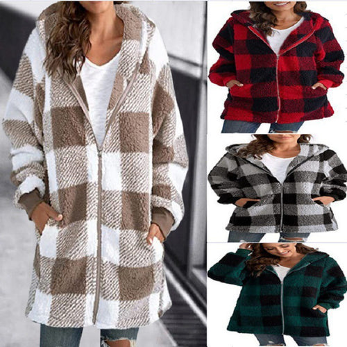 Damen Kariertes Teddy-Fleece-Mantel mit Kapuze und Reißverschluss Echo Archiv