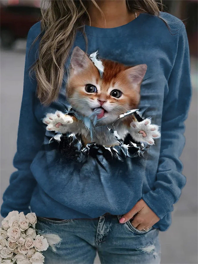 Damen Gemütlicher Übergroßer Fleece-Pullover mit Großem Welpenfoto-Print Echoarchiv