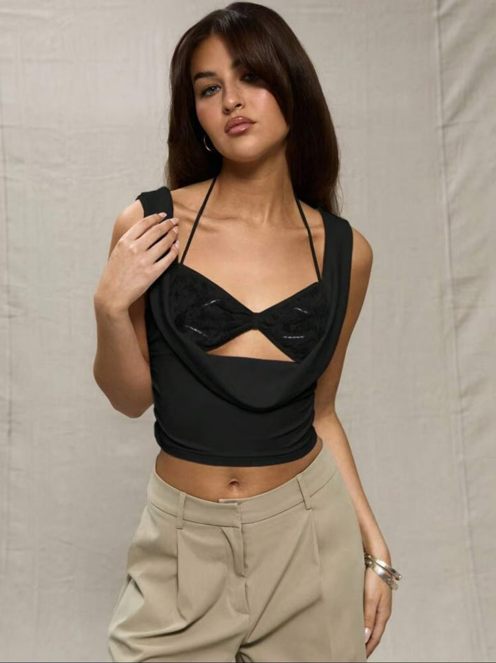 Damen Crop-Top mit verführerischen Cut-Outs und zartem Spitzeneinsatz Echo Archiv