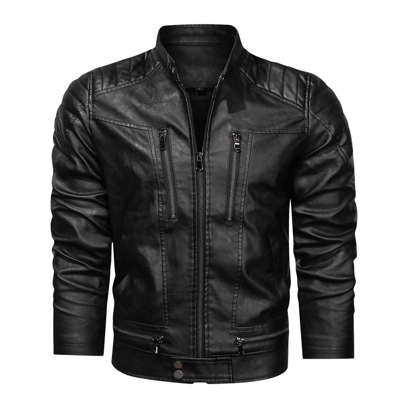 Herren Motorrad-inspirierte Lederoptikjacke mit Stehkragen und Ziernähten – Taviero