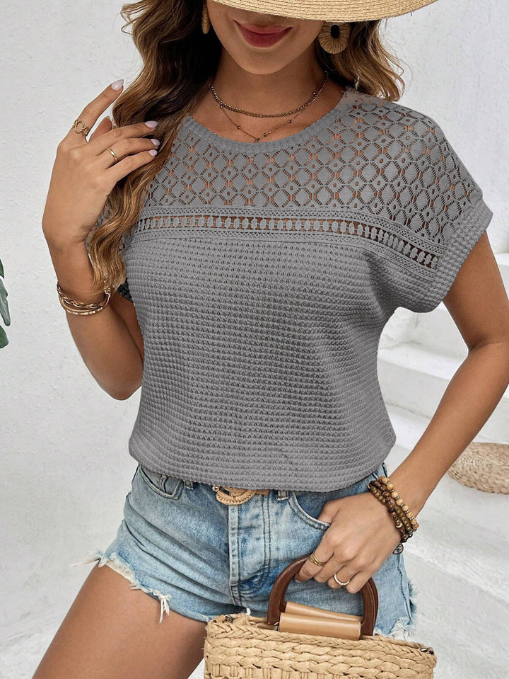 Damen Kurzärmliges Spitzencrochet-Top mit strukturierter Waffelstrick-Front Echo Archiv