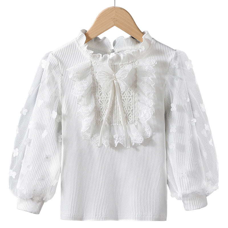 Mädchen Rüschenbluse mit floralen Applikationen und transparenten Ärmeln Echo Archiv