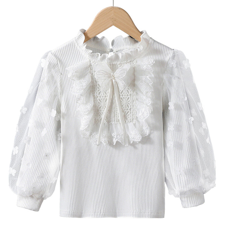Mädchen Rüschenbluse mit floralen Applikationen und transparenten Ärmeln Echo Archiv