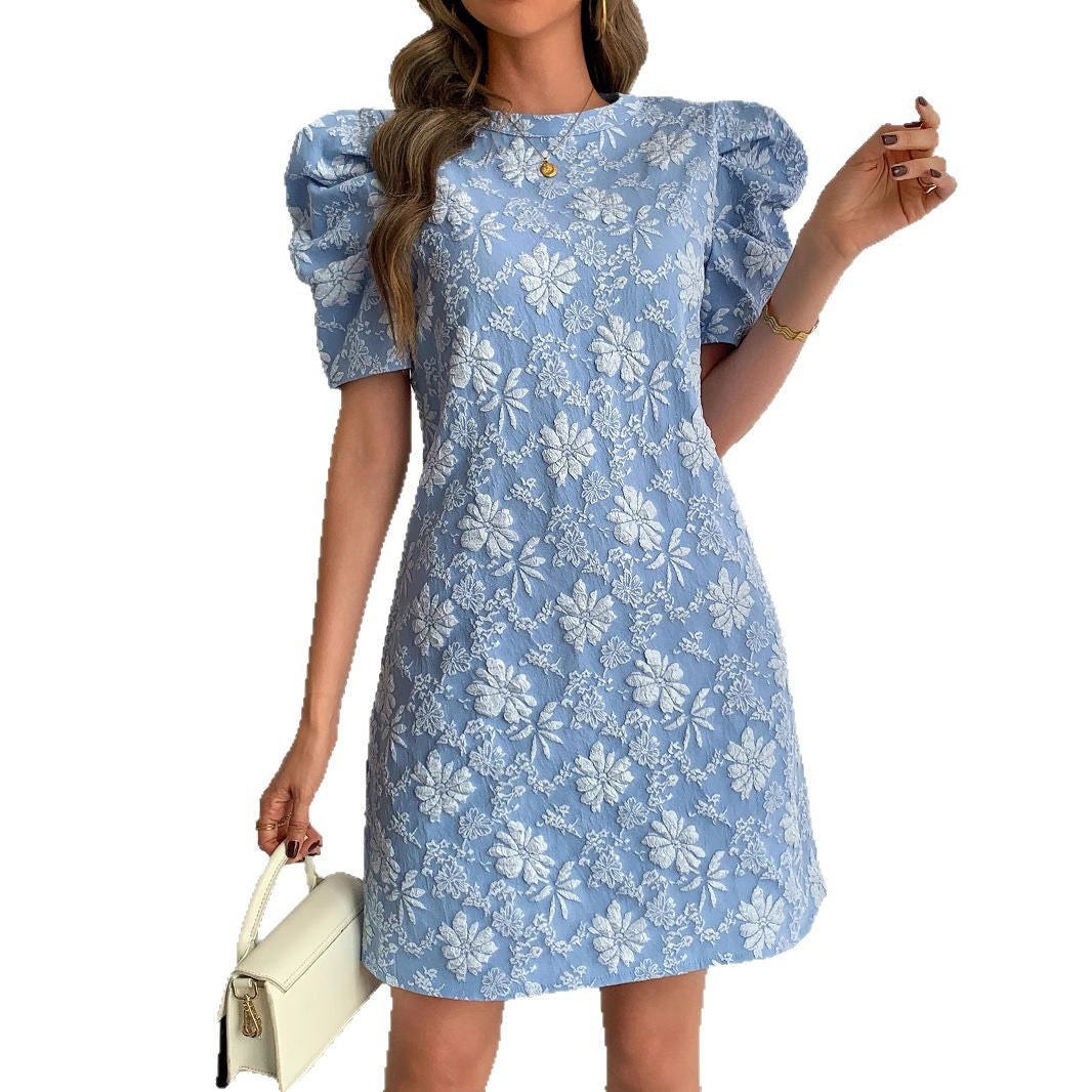Damen nan florales Jacquard-Minikleid mit gestuften Puffärmeln Echo Archiv