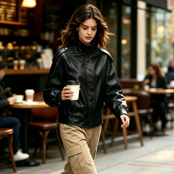 Damen Modische Kunstlederjacke mit hoher Kragen Echo Archiv