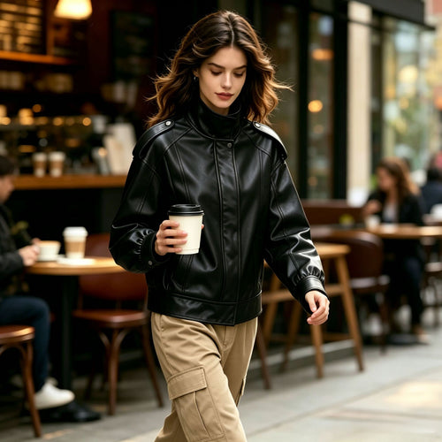 Damen Modische Kunstlederjacke mit hoher Kragen Echo Archiv