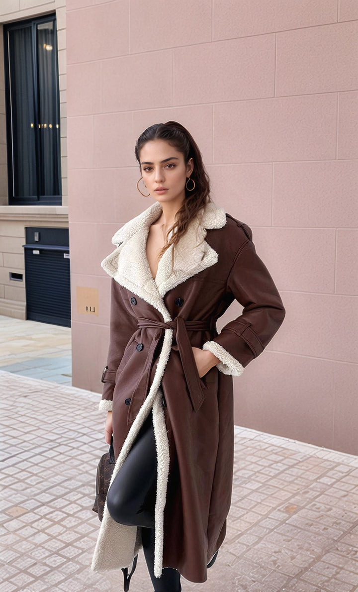 Damen Langer Mantel im Trenchstil mit Teddyfutter und taillierter Silhouette Echoarchiv