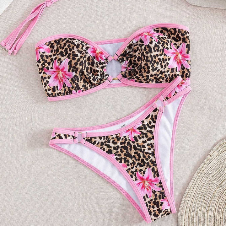 Damen Bandeau-Bikini mit modischem Leopardenmuster und dekorativen Ringuhr Echo Archiv
