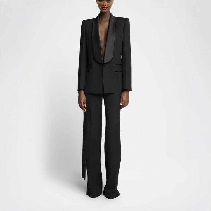 Damen Elegantes Smokingset mit Satin-Schalkragen und weitem Palazzohosen-Schnitt Echoarchiv