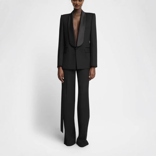 Damen Elegantes Smokingset mit Satin-Schalkragen und weitem Palazzohosen-Schnitt Echoarchiv