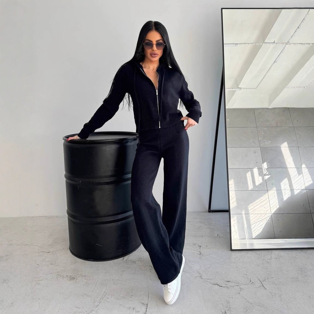 Damen Feinstrick-Loungewear-Set mit taillierter Kapuzenzipjacke und weiter Palazzo-Hose – Élanora
