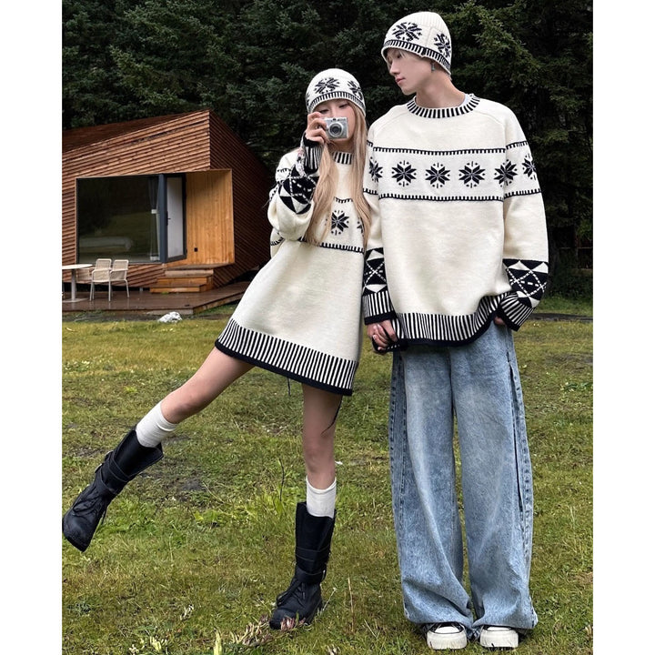 Damen Gemütlicher Grobstrickpullover mit Wintermotiv Echoarchiv